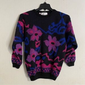 Lady Arrow Vintage Purple Floral Patterned Black Sweater: Size Medium